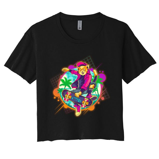Funny Cool Retro 80s Skatebording Cat Crop Top
