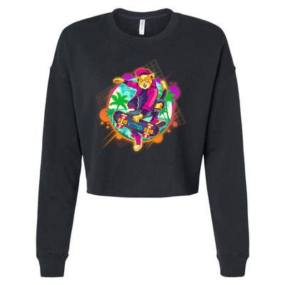 Funny Cool Retro 80s Skatebording Cat Cropped Pullover Crew
