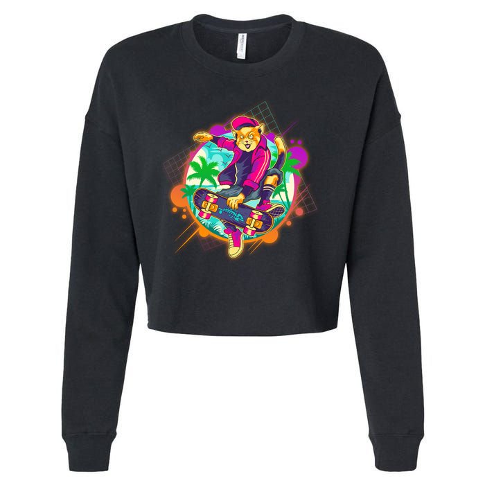 Funny Cool Retro 80s Skatebording Cat Cropped Pullover Crew