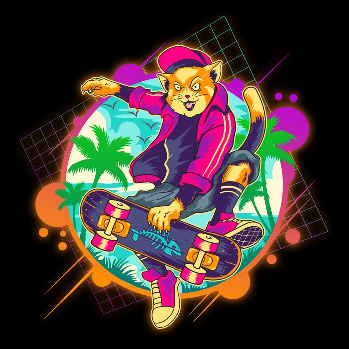 Funny Cool Retro 80s Skatebording Cat Cropped Pullover Crew