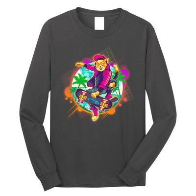 Funny Cool Retro 80s Skatebording Cat Long Sleeve Shirt