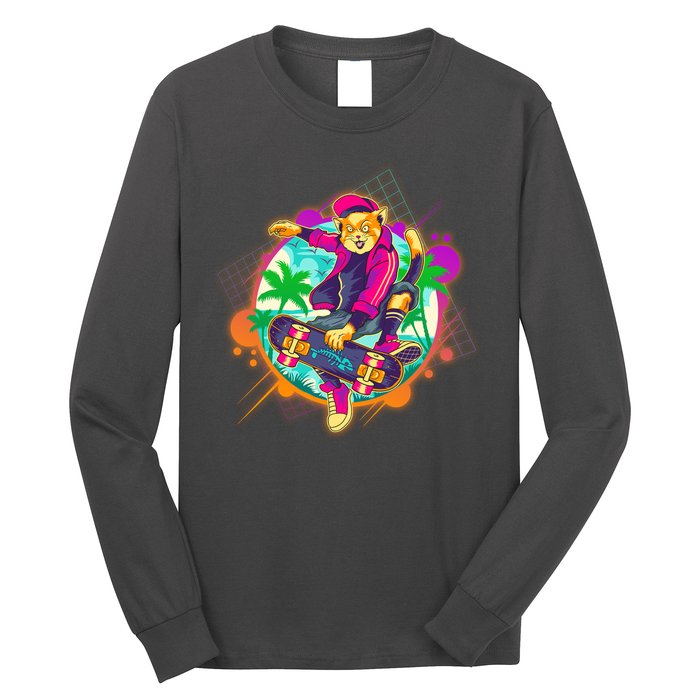 Funny Cool Retro 80s Skatebording Cat Long Sleeve Shirt
