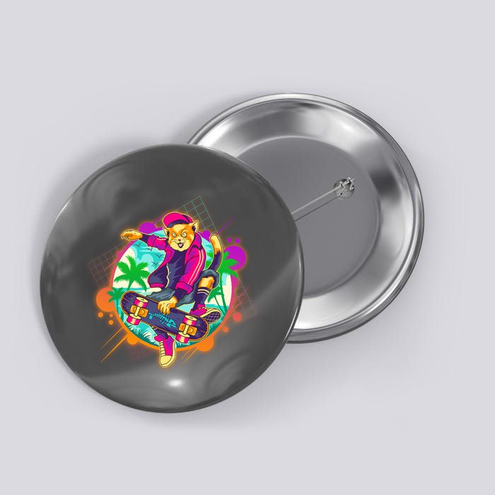 Funny Cool Retro 80s Skatebording Cat Button