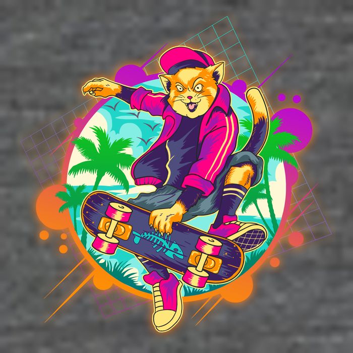 Funny Cool Retro 80s Skatebording Cat Toddler T-Shirt