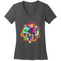 Funny Cool Retro 80s Skatebording Cat Women's V-Neck T-Shirt