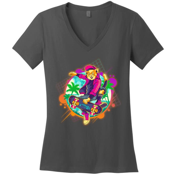 Funny Cool Retro 80s Skatebording Cat Women's V-Neck T-Shirt
