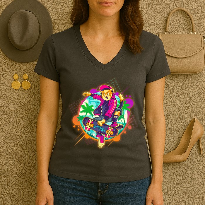 Funny Cool Retro 80s Skatebording Cat Women's V-Neck T-Shirt