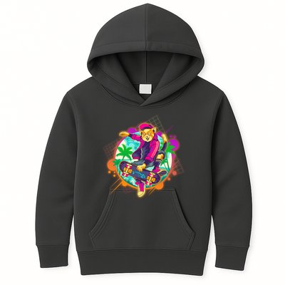 Funny Cool Retro 80s Skatebording Cat Kids Hoodie