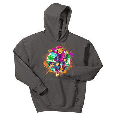 Funny Cool Retro 80s Skatebording Cat Kids Hoodie