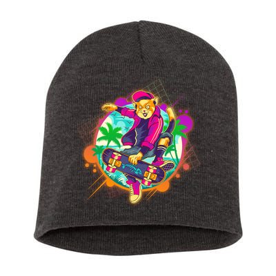 Funny Cool Retro 80s Skatebording Cat Short Acrylic Beanie