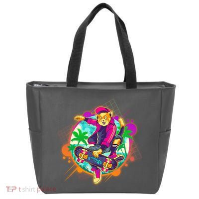Funny Cool Retro 80s Skatebording Cat Zip Tote Bag