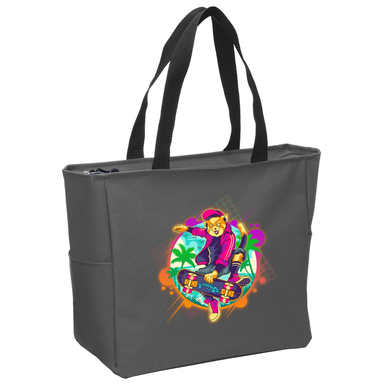 Funny Cool Retro 80s Skatebording Cat Zip Tote Bag