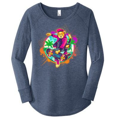 Funny Cool Retro 80s Skatebording Cat Women's Perfect Tri Tunic Long Sleeve Shirt