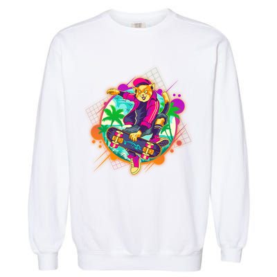 Funny Cool Retro 80s Skatebording Cat Garment-Dyed Sweatshirt