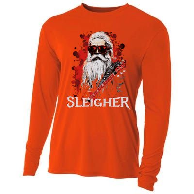 Funny Christmas Rocker Band Santa Playing Guitar Sleigher Cool Gift Cooling Performance Long Sleeve Crew