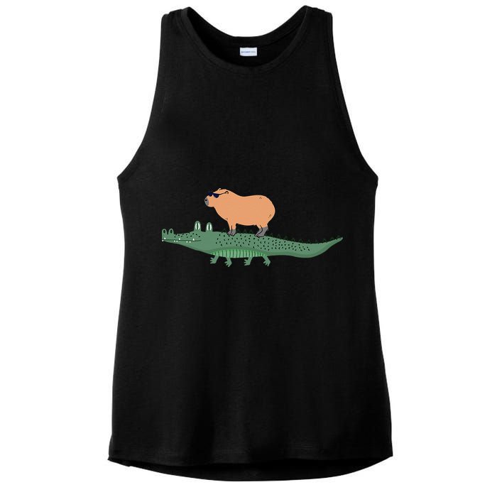Funny Capybara Riding On A Crocodile Ladies PosiCharge Tri-Blend Wicking Tank