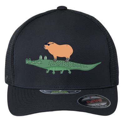 Funny Capybara Riding On A Crocodile Flexfit Unipanel Trucker Cap