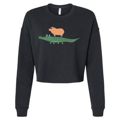 Funny Capybara Riding On A Crocodile Cropped Pullover Crew