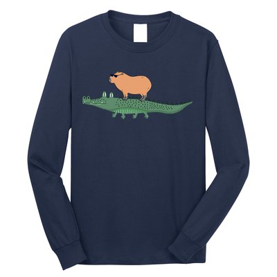 Funny Capybara Riding On A Crocodile Long Sleeve Shirt