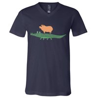 Funny Capybara Riding On A Crocodile V-Neck T-Shirt