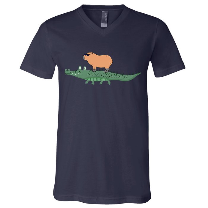 Funny Capybara Riding On A Crocodile V-Neck T-Shirt