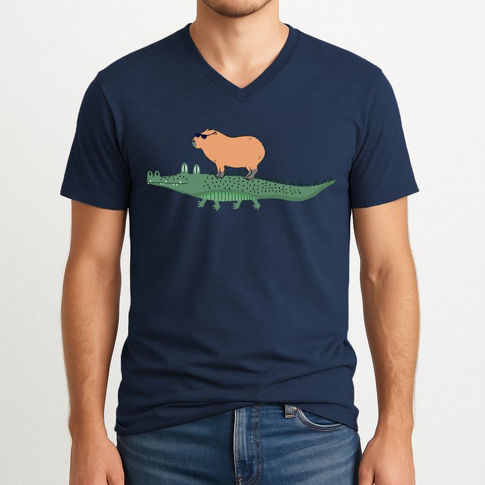 Funny Capybara Riding On A Crocodile V-Neck T-Shirt