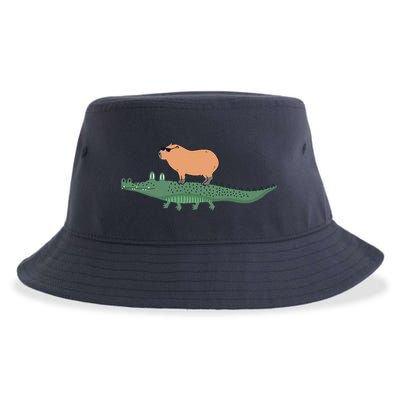 Funny Capybara Riding On A Crocodile Sustainable Bucket Hat