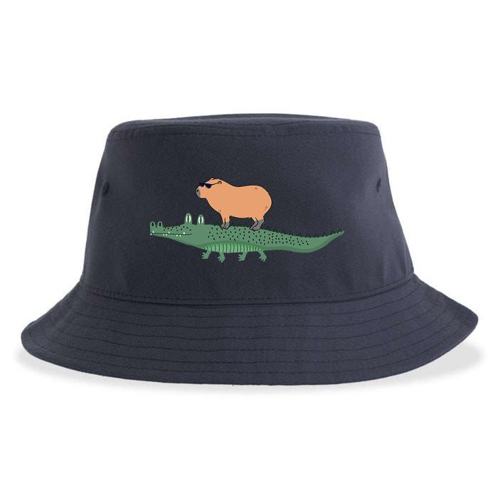 Funny Capybara Riding On A Crocodile Sustainable Bucket Hat
