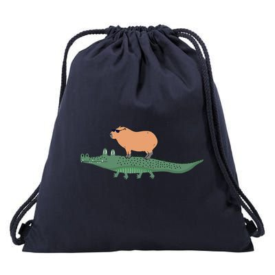 Funny Capybara Riding On A Crocodile Drawstring Bag
