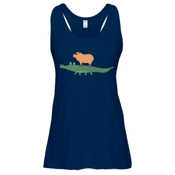 Funny Capybara Riding On A Crocodile Ladies Essential Flowy Tank