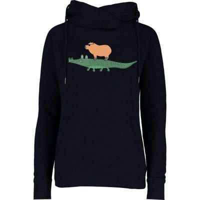 Funny Capybara Riding On A Crocodile Womens Funnel Neck Pullover Hood