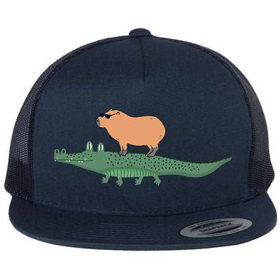 Funny Capybara Riding On A Crocodile Flatbill Hat