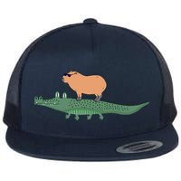 Funny Capybara Riding On A Crocodile Flatbill Hat