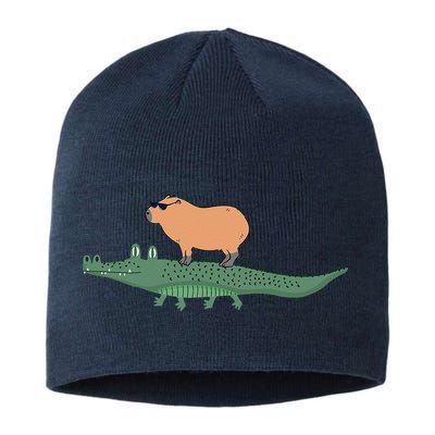 Funny Capybara Riding On A Crocodile Sustainable Beanie