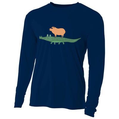 Funny Capybara Riding On A Crocodile Cooling Performance Long Sleeve Crew
