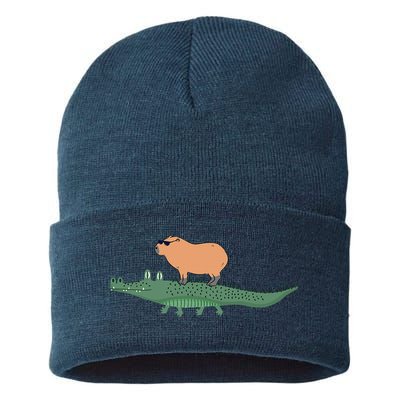 Funny Capybara Riding On A Crocodile Sustainable Knit Beanie