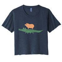 Funny Capybara Riding On A Crocodile Crop Top