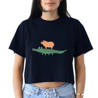 Funny Capybara Riding On A Crocodile Crop Top