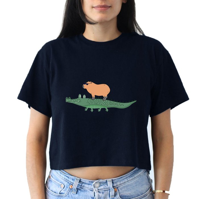Funny Capybara Riding On A Crocodile Crop Top