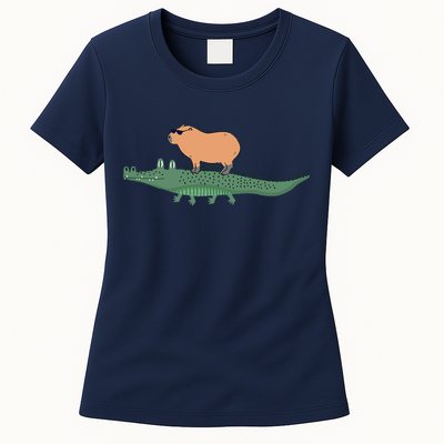 Funny Capybara Riding On A Crocodile Womens T-Shirt