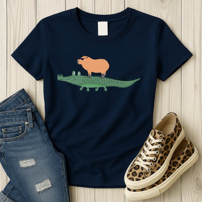 Funny Capybara Riding On A Crocodile Womens T-Shirt