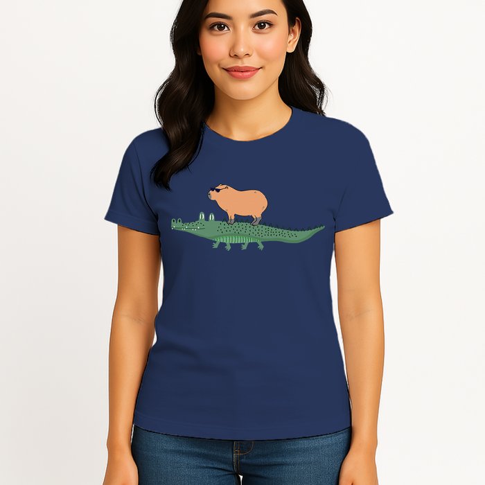 Funny Capybara Riding On A Crocodile Womens T-Shirt