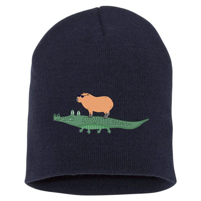 Funny Capybara Riding On A Crocodile Short Acrylic Beanie
