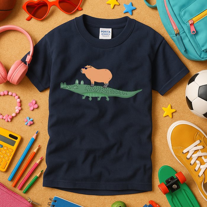Funny Capybara Riding On A Crocodile Kids T-Shirt