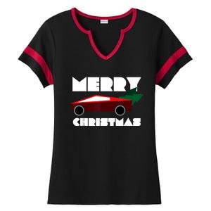 Futuristic Cyber Red Truck Pickup Christmas Tree Ladies Halftime Notch Neck Tee