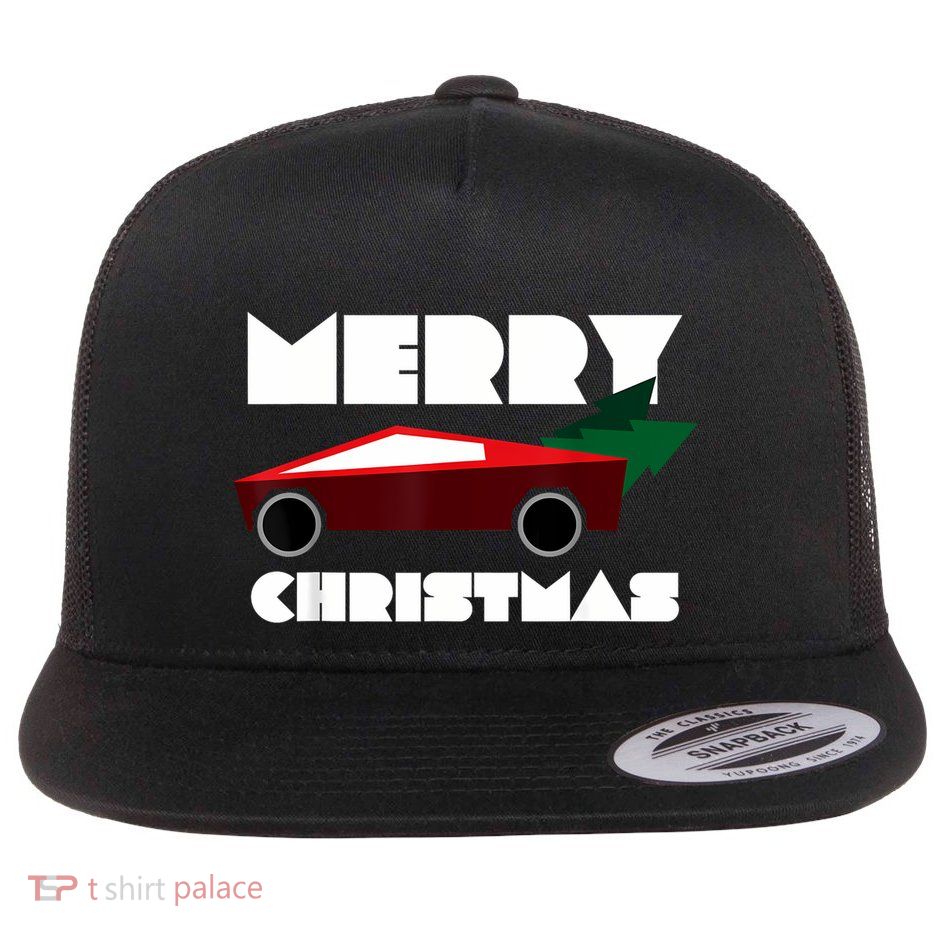 Futuristic Cyber Red Truck Pickup Christmas Tree Flat Bill Trucker Hat