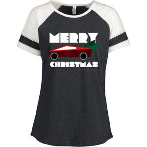 Futuristic Cyber Red Truck Pickup Christmas Tree Enza Ladies Jersey Colorblock Tee