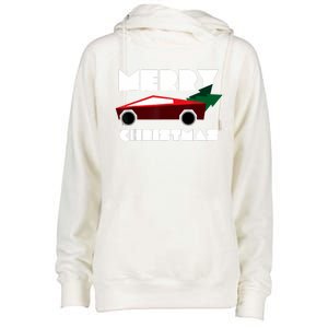 Futuristic Cyber Red Truck Pickup Christmas Tree Womens Funnel Neck Pullover Hood