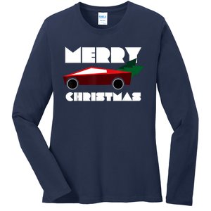 Futuristic Cyber Red Truck Pickup Christmas Tree Ladies Long Sleeve Shirt