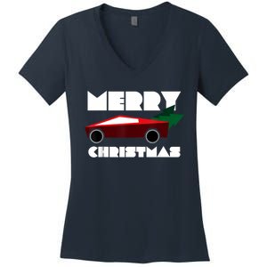 Futuristic Cyber Red Truck Pickup Christmas Tree Women's V-Neck T-Shirt